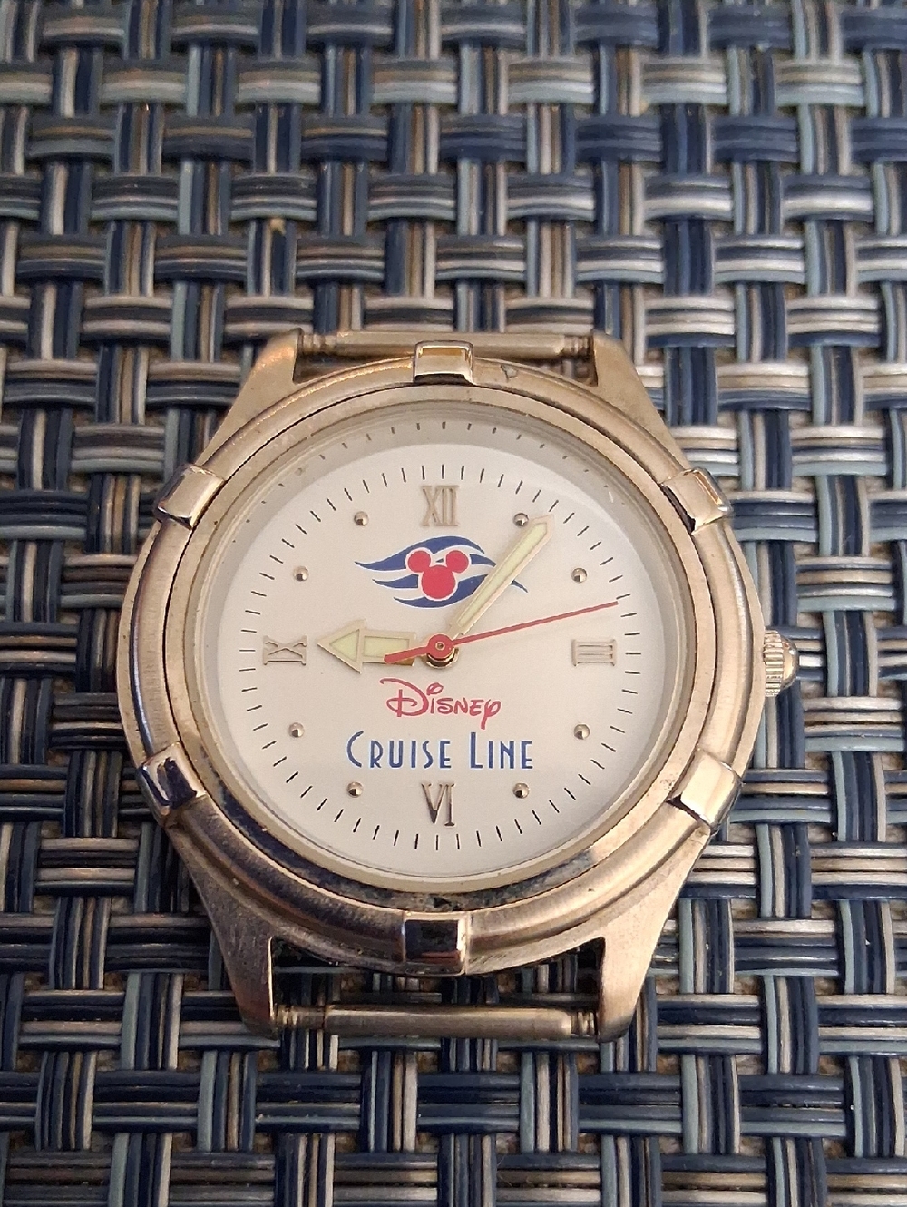 Disney Cruise LINR Silver Tone Watch with White Dial and Blue-Red Muckey Logo,